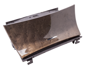 An opened ashtray from panel of car interior separately on a white isolated background with wooden decorative overlay.
