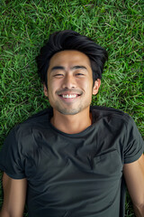 A beautiful model lying on a grass field