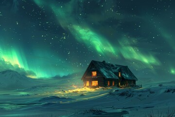 Northern lights viewing in Iceland, snowy landscape, Wooden abode lit amidst snowy forest, clear twilight skies reveal cosmos above, frosted peaks in distance reflect dusk's golden hues. - obrazy, fototapety, plakaty