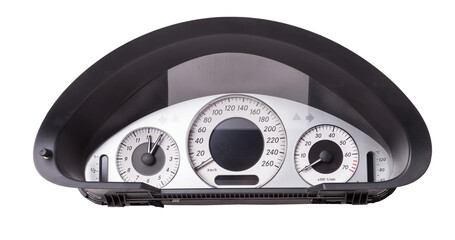 The dashboard of the car with white arrows with a speedometer, tachometer and other tools to monitor the condition of the vehicle in modern style on white isolated background
