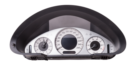 The dashboard of the car with white arrows with a speedometer, tachometer and other tools to monitor the condition of the vehicle in modern style on white isolated background