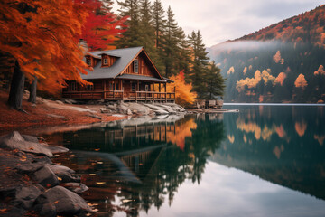 Fototapeta premium Cozy cabin nestled beside a tranquil mountain lake surrounded by autumn foliage. Generative AI