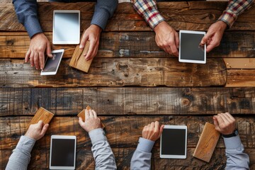 Creative meeting of interior design team, digital tablets and material samples on table, Four individuals engage in collaborative effort, aligning wooden blocks, digital screens and design sketches