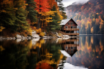 Wooden cabin nestled beside a tranquil mountain lake surrounded by autumn foliage. Generative AI - obrazy, fototapety, plakaty