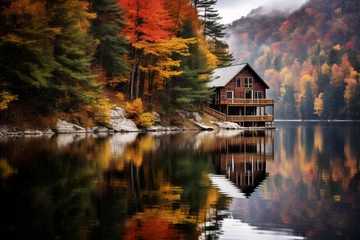  Wooden cabin nestled beside a tranquil mountain lake surrounded by autumn foliage. Generative AI © Nomad_Soul