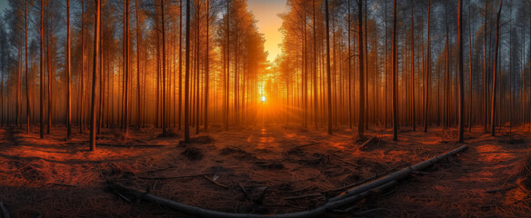 Warm sunset glow on tall pine trees in quiet forest