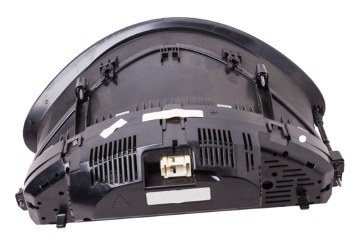 The dashboard of the car with white arrows with a speedometer, tachometer and other tools to monitor the condition of the vehicle in modern style on white isolated background