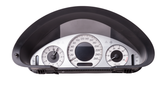 The dashboard of the car with white arrows with a speedometer, tachometer and other tools to monitor the condition of the vehicle in modern style on white isolated background