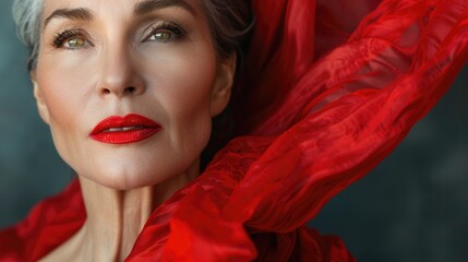 Timeless Beauty Close-Up. portrait of a mature woman, her striking blue eyes and bold red lips embodying a classic beauty that defies age, set against a soft teal background