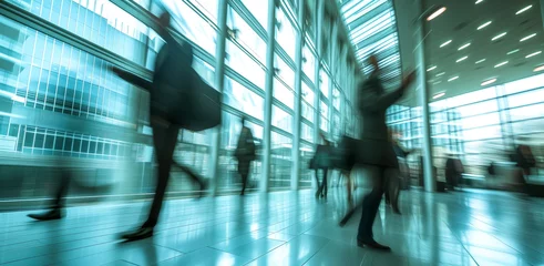 Foto op Plexiglas Abstract view of people in motion in a modern glass-walled corridor © thodonal