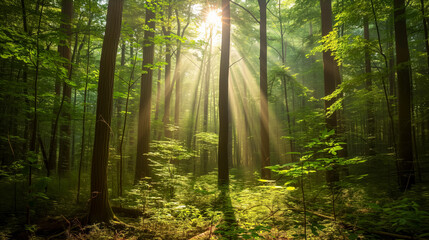 Sunbeams filtering through tall trees in misty forest