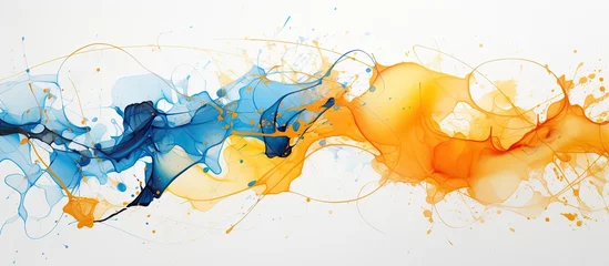 Fotobehang An electric blue and orange splash of paint on a white background, creating a vivid and dynamic visual arts piece reminiscent of watercolor paint © 2rogan