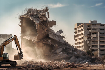 Industrial demolition expert strategically dismantling a structure. Generative AI - obrazy, fototapety, plakaty