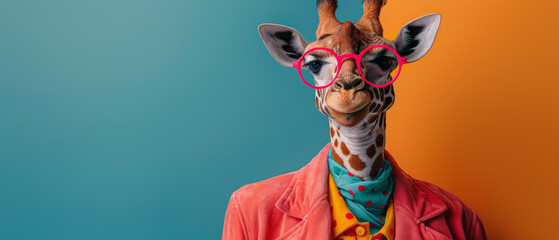 A striking giraffe dressed in trendy clothing and pink glasses is against a colorful background
