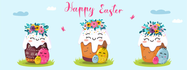 Vector illustration of Easter kulich set with wreath of flowers.   On a light background for postcards, banners.