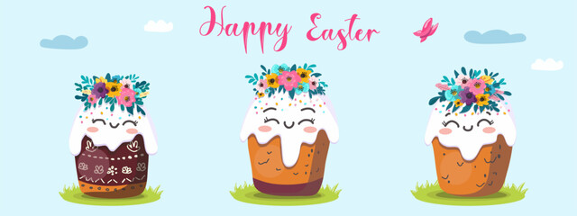 Vector illustration of Easter kulich set with wreath of flowers.   On a light background for postcards, banners.