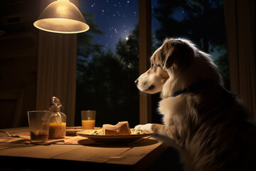 Dog eagerly eating kibble in a dining area at night. Generative AI - obrazy, fototapety, plakaty