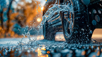 Car's wheels are driving through a puddle, splashing water everywhere. Blurred bokeh background, soft selective focus. - obrazy, fototapety, plakaty
