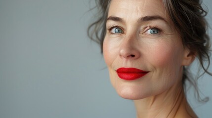 A mature woman's close-up portrait with red lipstick, aging model, beauty. Menopause. Confident senior businesswoman. Red lipstick and elegance. Natural skin
