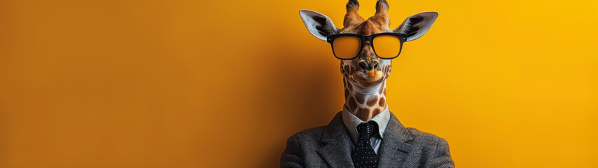 A sophisticated giraffe dressed in a business suit and glasses, posing professionally on a mustard yellow backdrop, merging wildlife with business