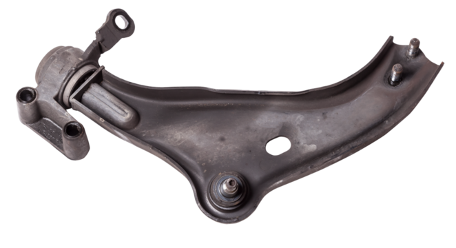Curved metal chassis arm lever with ball and rubber-metal joint with bushings - silent block on a white isolated background. Detail for suspension repair in a workshop or garage.