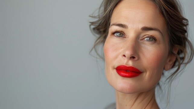 A closeup portrait of a poised mature woman with sleek silver hair and vibrant red lips, radiating graceful confidence and classic beauty. Month Menopause Day. Menopause skincare, beauty and wellbeing