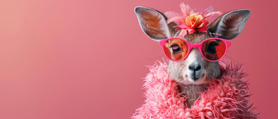 A charming llama adorned with a flower and wearing pink heart-shaped glasses is showcased - obrazy, fototapety, plakaty