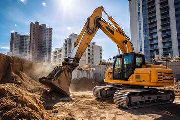 Industrial excavator at work on an urban high-rise construction site. Generative AI - obrazy, fototapety, plakaty
