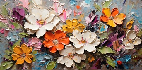 Closeup of abstract rough colorful multicolored organic floral spring flowers art painting texture,...