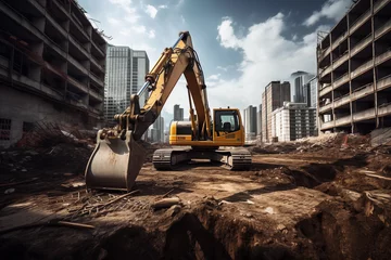 Foto op Canvas Industrial excavator at work on an urban high-rise construction site. Generative AI © Nomad_Soul