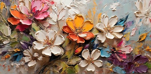 Closeup of abstract rough colorful multicolored organic floral spring flowers art painting texture,...