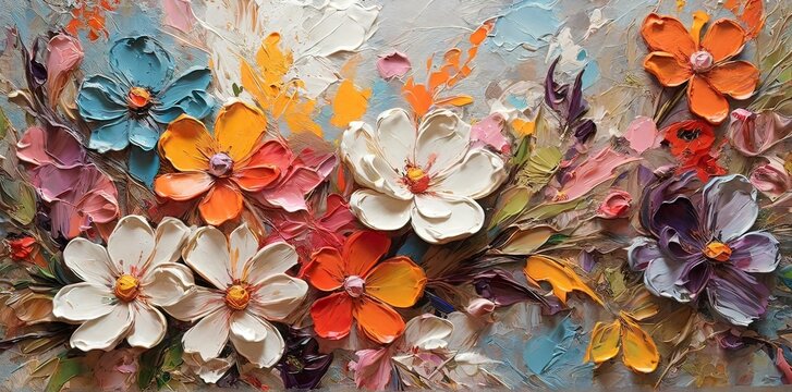 Closeup of abstract rough colorful multicolored organic floral spring flowers art painting texture, with oil acrylic brushstroke, pallet knife paint on canvas wallpaper
