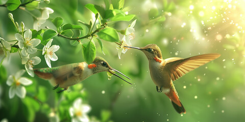 hummingbird in flight while feeding honey on white flower in morning