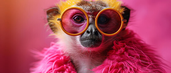 This captivating image shows a monkey adorned with humorous oversized pink glasses against a reddish backdrop