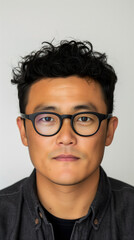 Gros plan sur un homme asiatique avec des lunettes au format portrait.