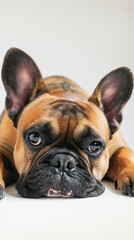 Obraz premium Digital photo of a French bulldog who is tired and lying, a bulldog on a white background in the background you need to leave space for text