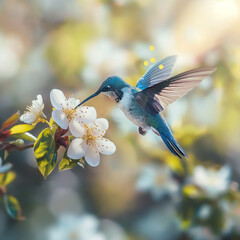 hummingbird in flight while feeding honey on flower