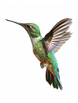 Green hummingbird in flight on white background 