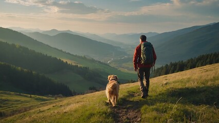 Man with backpack and dog on the trail in the Carpathian mountains - obrazy, fototapety, plakaty