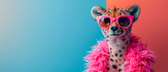 A cheetah wearing oversized pink sunglasses and adorned with vibrant pink feathers, showcasing style and attitude - obrazy, fototapety, plakaty