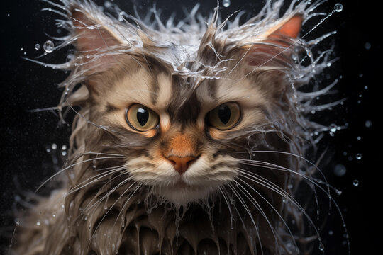 Funny wet cat portrait. Generative AI