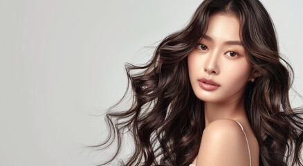 beautiful korean woman with shiny wavy hair, professional hairstyle 