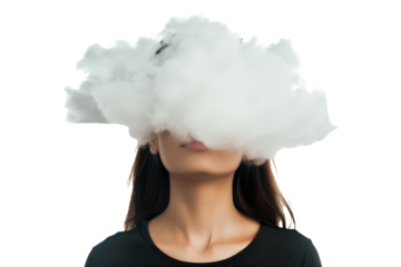 Woman with cloud head isolated on transparent background. Depression and mental health concept.