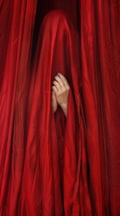 A person is entirely enshrouded in flowing red fabric, creating a dramatic and mysterious image, with a hint of a human silhouette peeking through. Concept of menstruation. Menopause. Red color