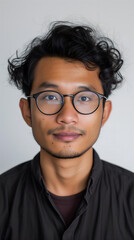 Un jeune homme asiatique avec des lunettes rondes au format portait.