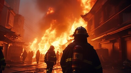 Firefighters Standing in Front of Blazing Fire. - obrazy, fototapety, plakaty