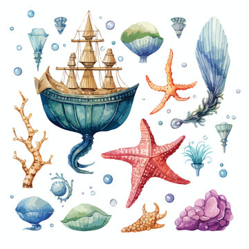 Mermaid Treasures Watercolor Clipart 