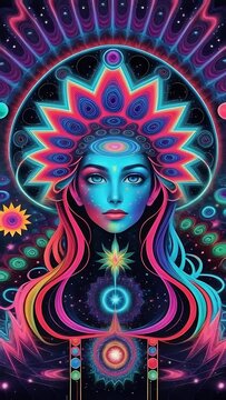 Astral meditation, a woman with third eye sacral practice in psychedelic neon lights colors, concept of spirituality and healing. Vertical video.