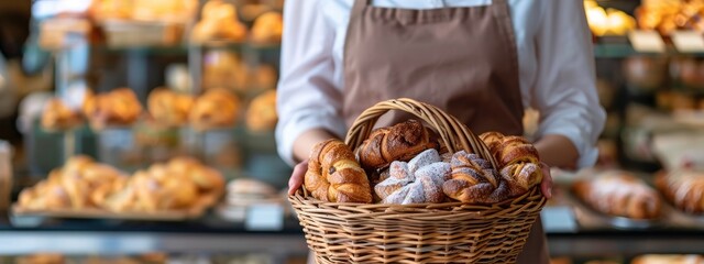 Close-up woman holding wicker basket with many different pastries - obrazy, fototapety, plakaty