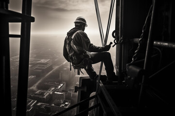 Industrial construction foreman working high with beautiful view on modern city. Generative AI